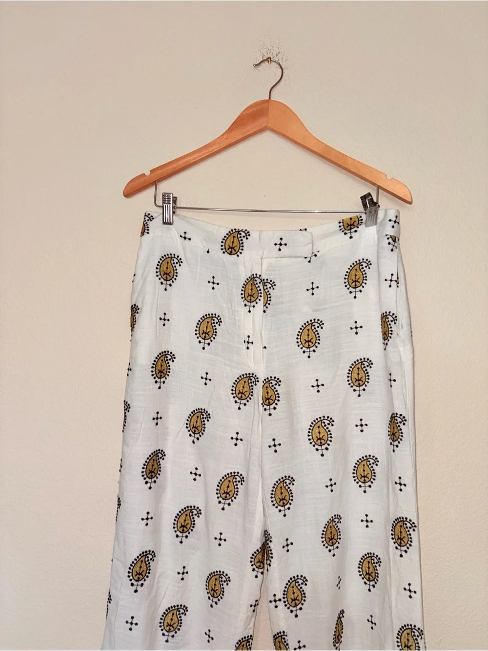 ZARA. White Yellow Embroidered Linen Blend Wide Leg Pants Side Pockets XL